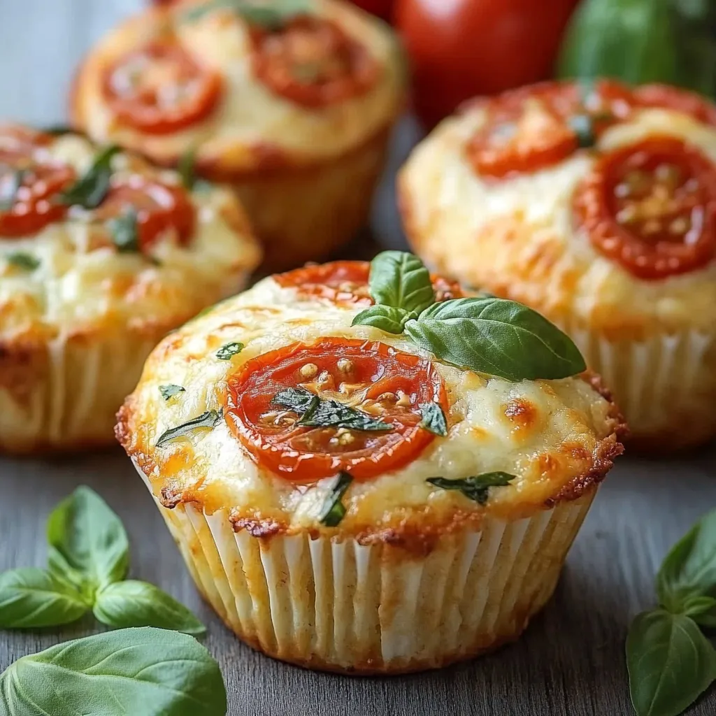 Muffins salés à la tomate, mozzarella et basilic sortant du four