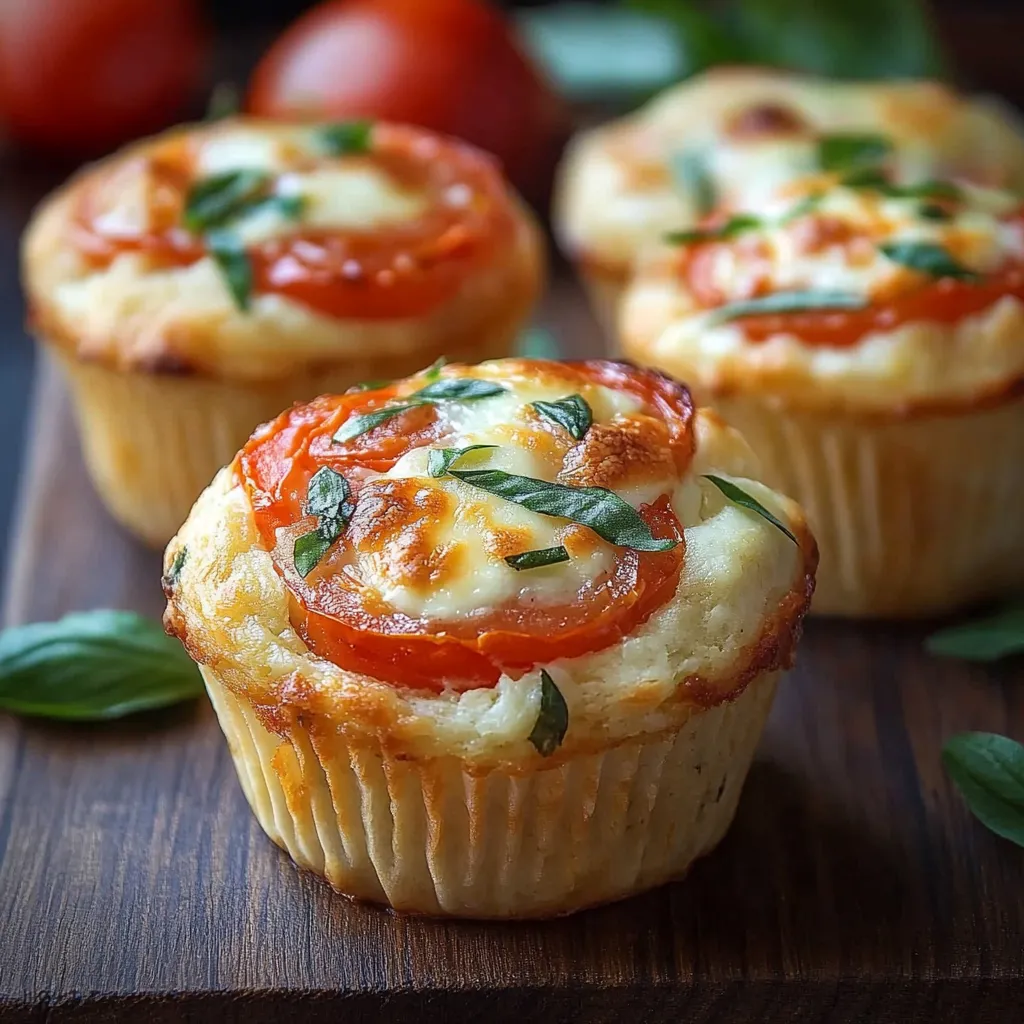Muffins salés à la tomate, mozzarella et basilic sortant du four