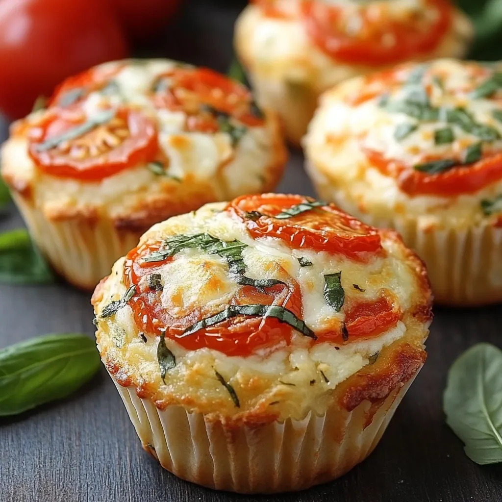 Muffins salés à la tomate, mozzarella et basilic sortant du four