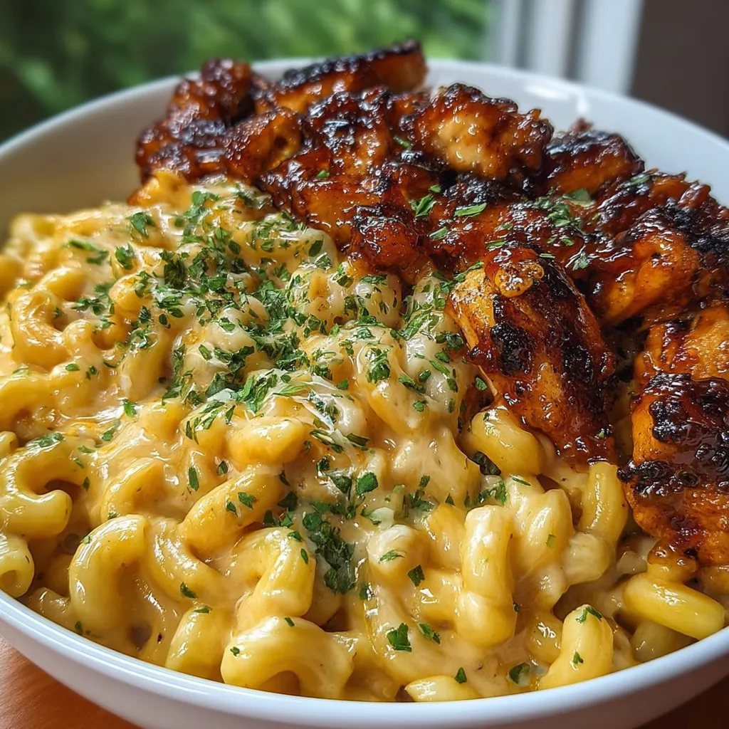 Macaroni & cheese doré avec morceaux de poulet caramélisé au miel dans un plat à gratin