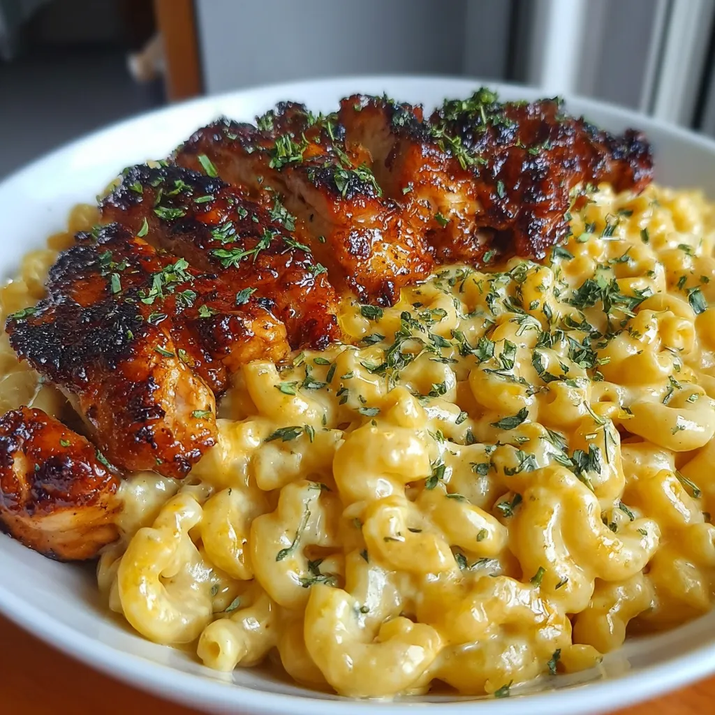 Macaroni & cheese doré avec morceaux de poulet caramélisé au miel dans un plat à gratin