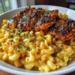Macaroni & cheese doré avec morceaux de poulet caramélisé au miel dans un plat à gratin