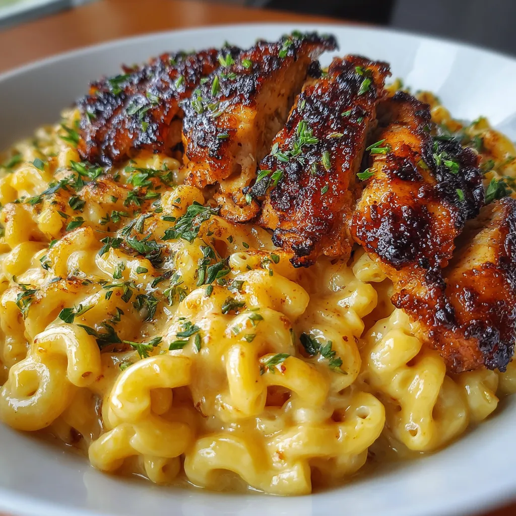 Macaroni & cheese doré avec morceaux de poulet caramélisé au miel dans un plat à gratin
