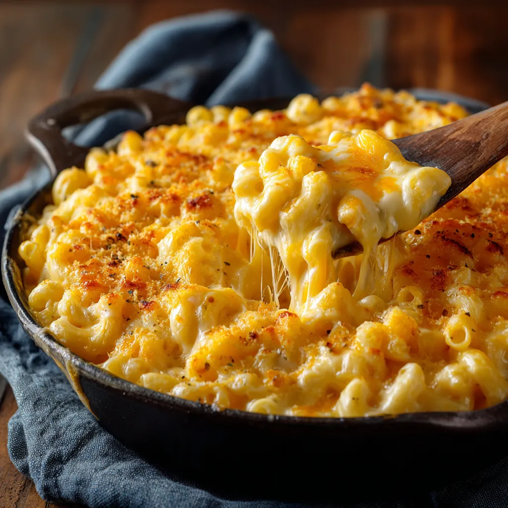 Macaroni au fromage au four gratiné avec une croûte dorée