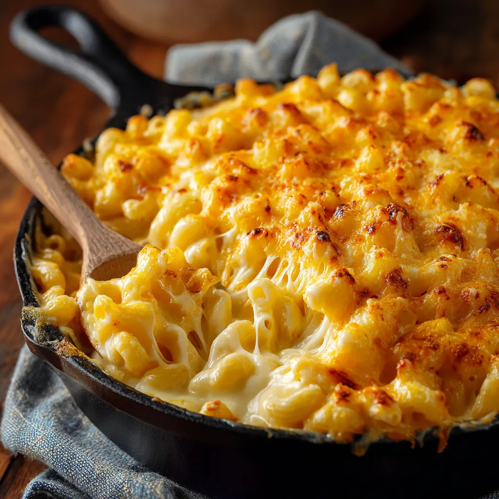 Macaroni au fromage au four gratiné avec une croûte dorée