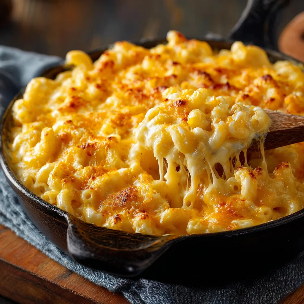 Macaroni au fromage au four gratiné avec une croûte dorée