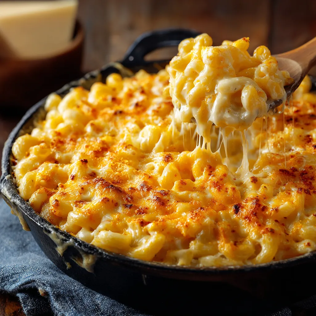 Macaroni au fromage au four gratiné avec une croûte dorée