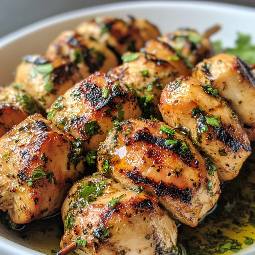 Brochettes de poulet grillées marinées au citron, miel et herbes sur barbecue