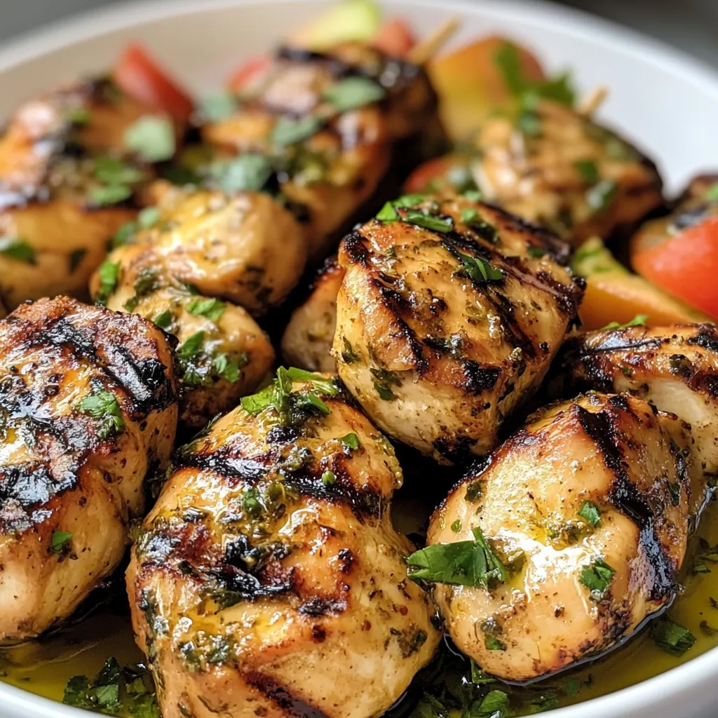 Brochettes de poulet grillées marinées au citron, miel et herbes sur barbecue