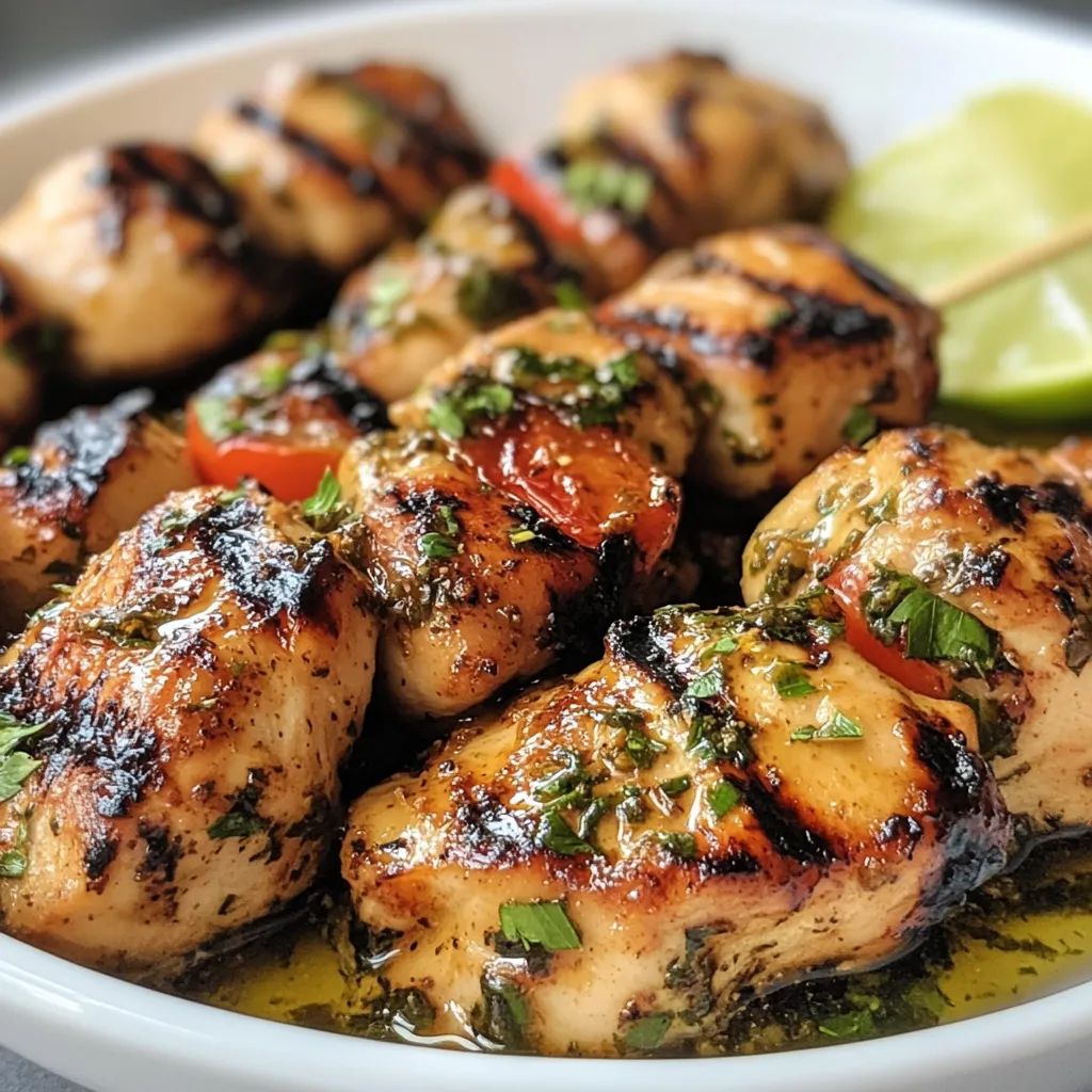Brochettes de poulet grillées marinées au citron, miel et herbes sur barbecue