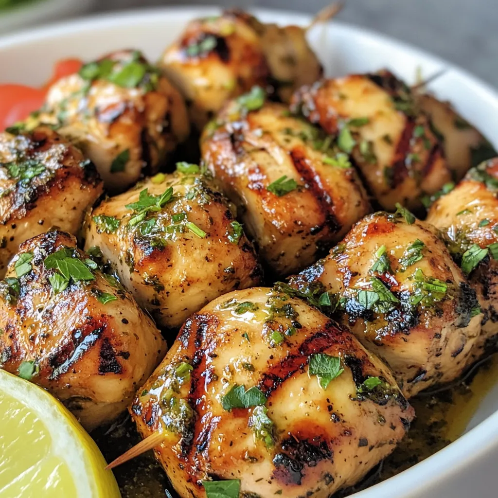 Brochettes de poulet grillées marinées au citron, miel et herbes sur barbecue