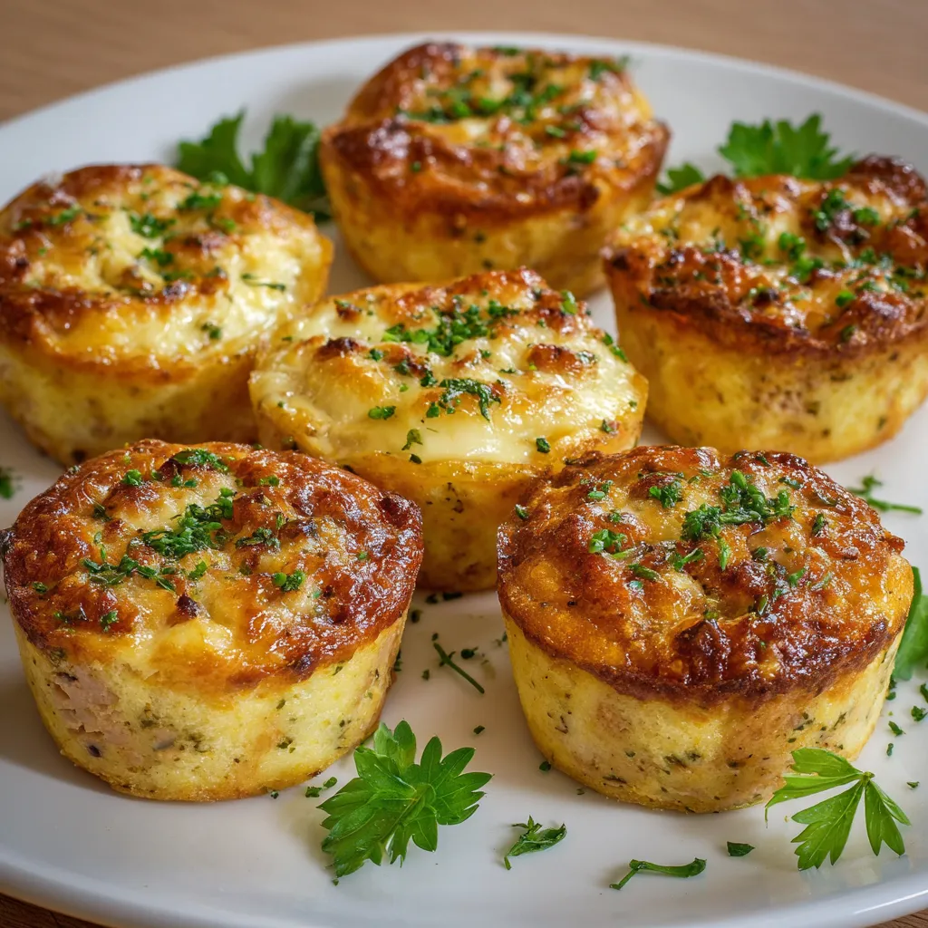 Mini flans au thon dorés dans des moules à muffins, prêts à être servis