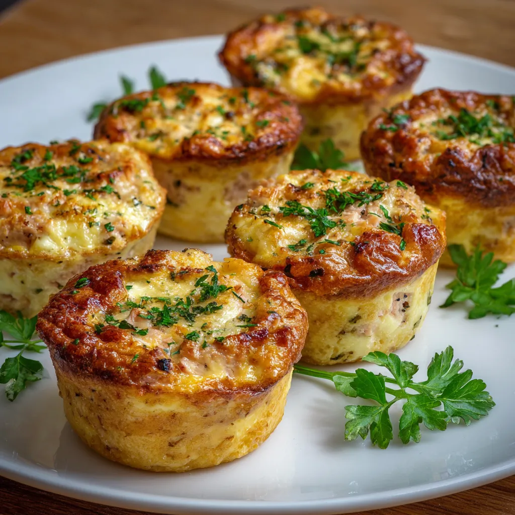 Mini flans au thon dorés dans des moules à muffins, prêts à être servis