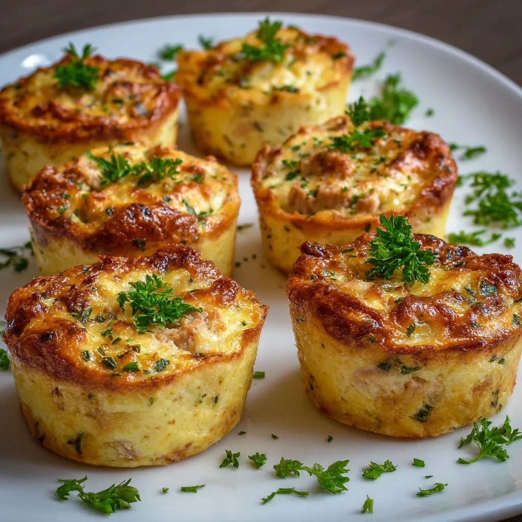 Mini flans au thon dorés dans des moules à muffins, prêts à être servis