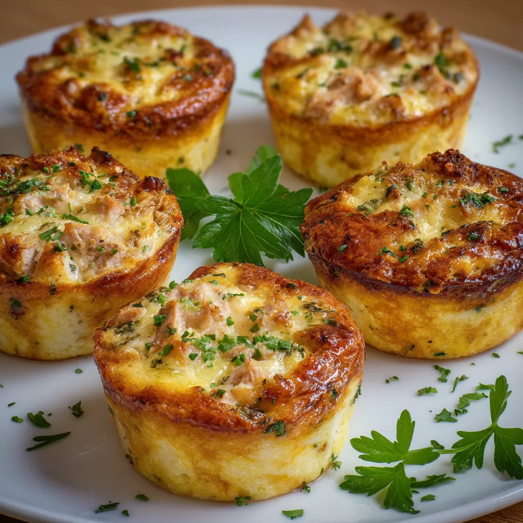 Mini flans au thon dorés dans des moules à muffins, prêts à être servis