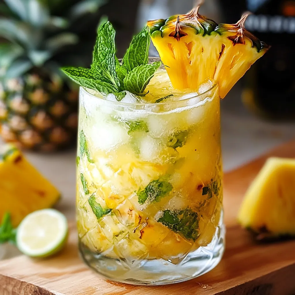 Verre de mojito tropical sans alcool garni de menthe fraîche et d’ananas