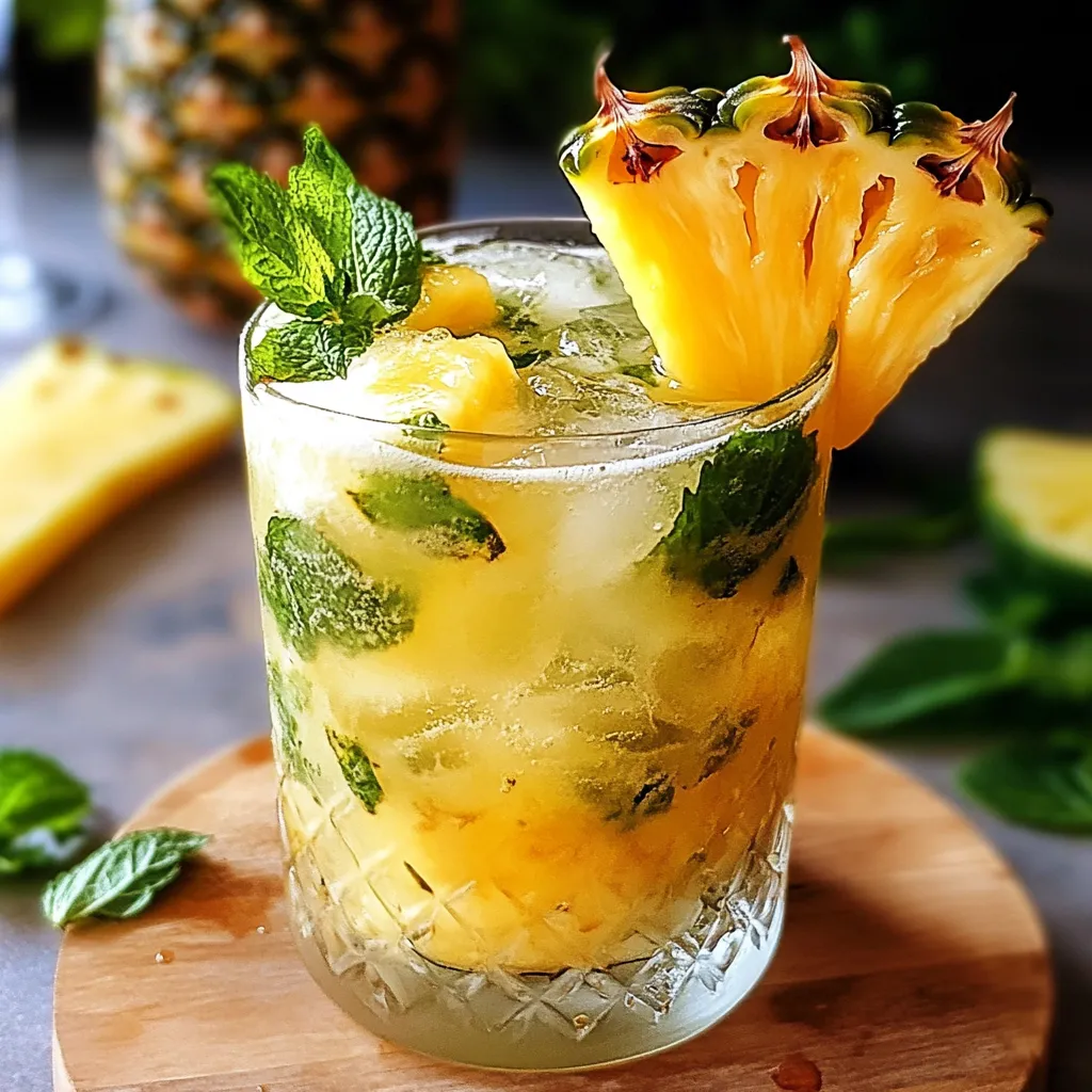 Verre de mojito tropical sans alcool garni de menthe fraîche et d’ananas