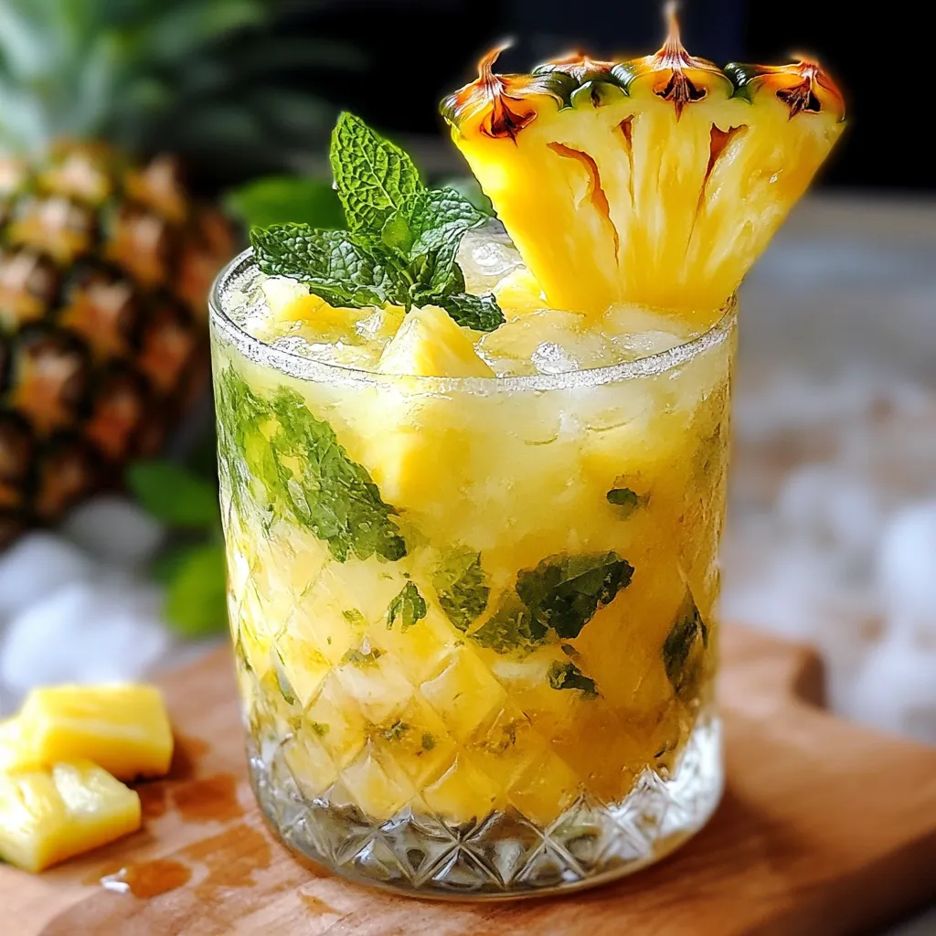 Verre de mojito tropical sans alcool garni de menthe fraîche et d’ananas