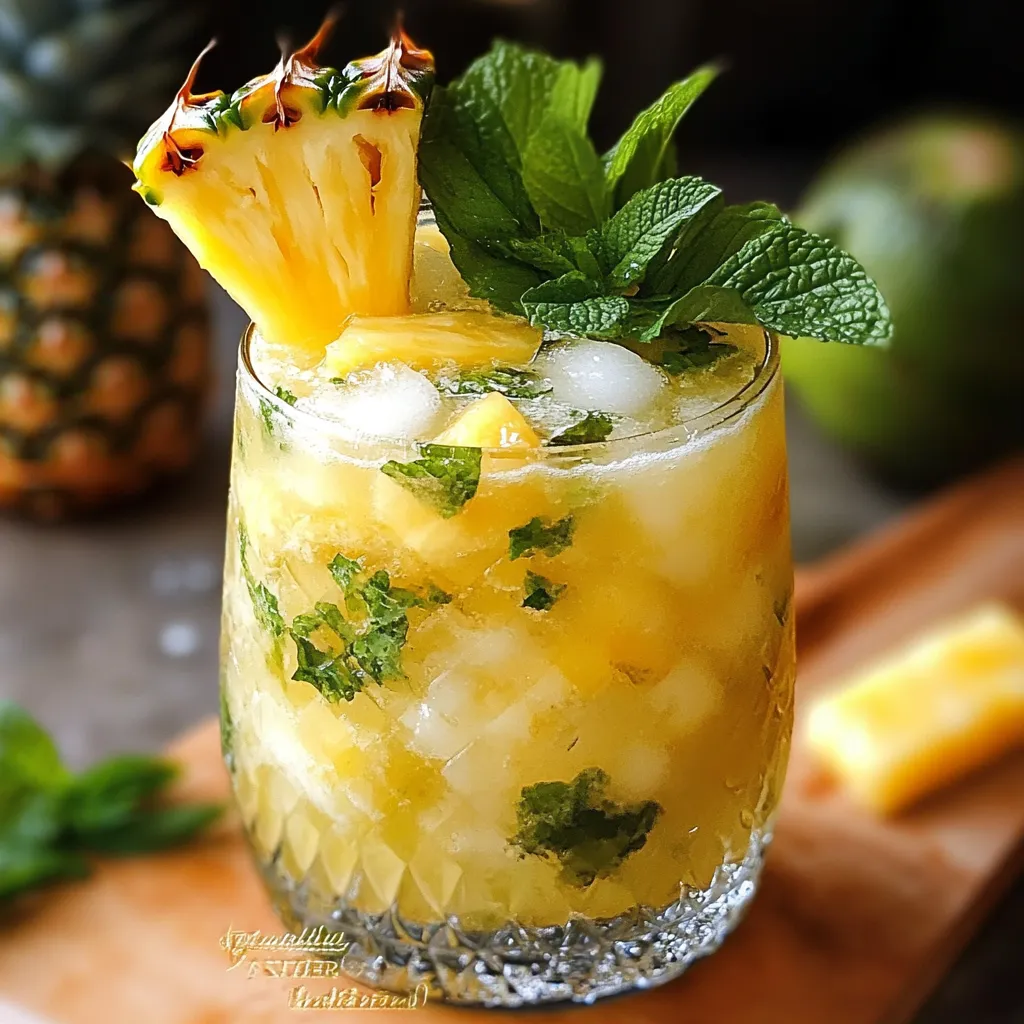 Verre de mojito tropical sans alcool garni de menthe fraîche et d’ananas