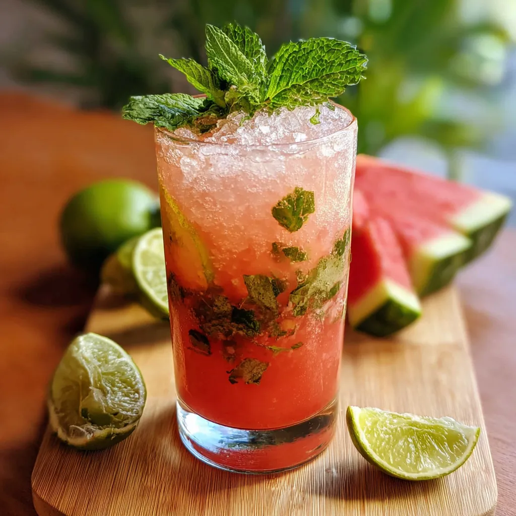 Mojito à la pastèque servi dans un grand verre avec feuilles de menthe et tranche de citron
