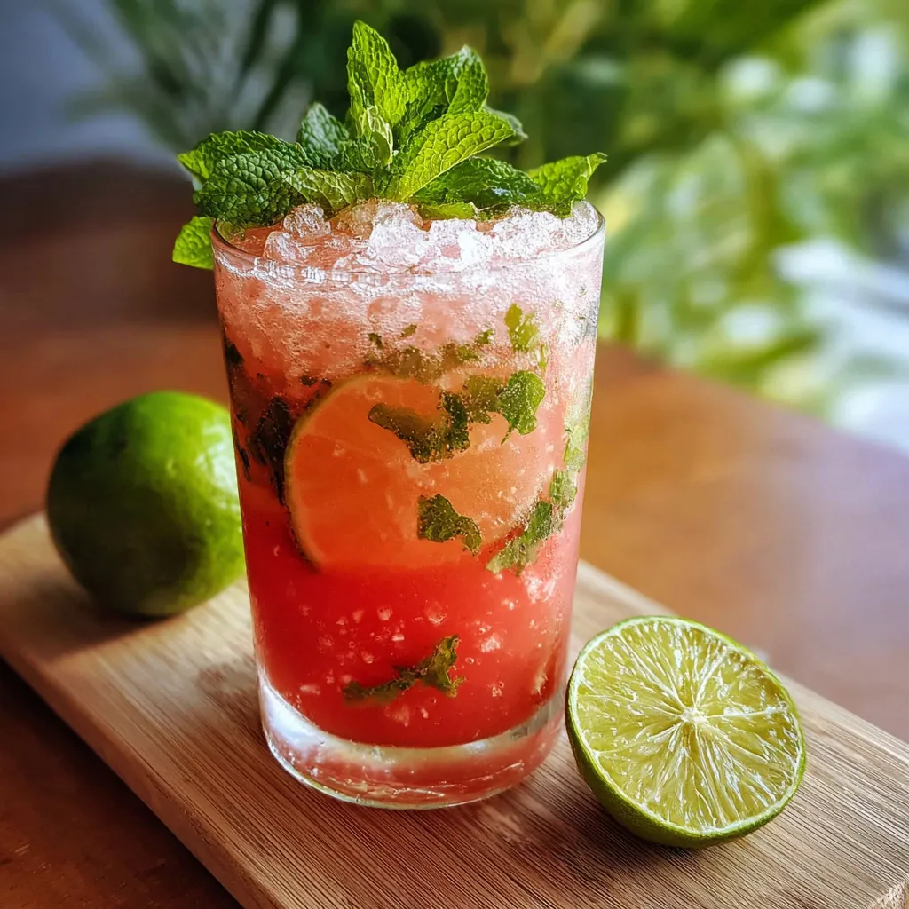 Mojito à la pastèque servi dans un grand verre avec feuilles de menthe et tranche de citron
