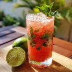 Mojito à la pastèque servi dans un grand verre avec feuilles de menthe et tranche de citron