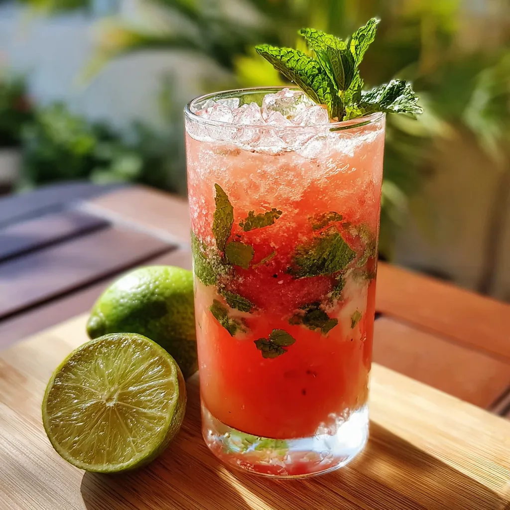 Mojito à la pastèque servi dans un grand verre avec feuilles de menthe et tranche de citron