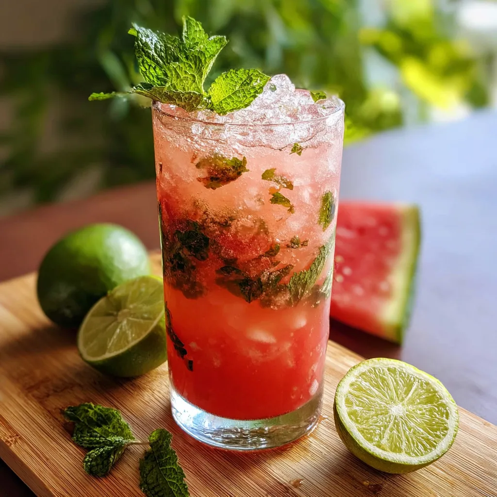 Mojito à la pastèque servi dans un grand verre avec feuilles de menthe et tranche de citron