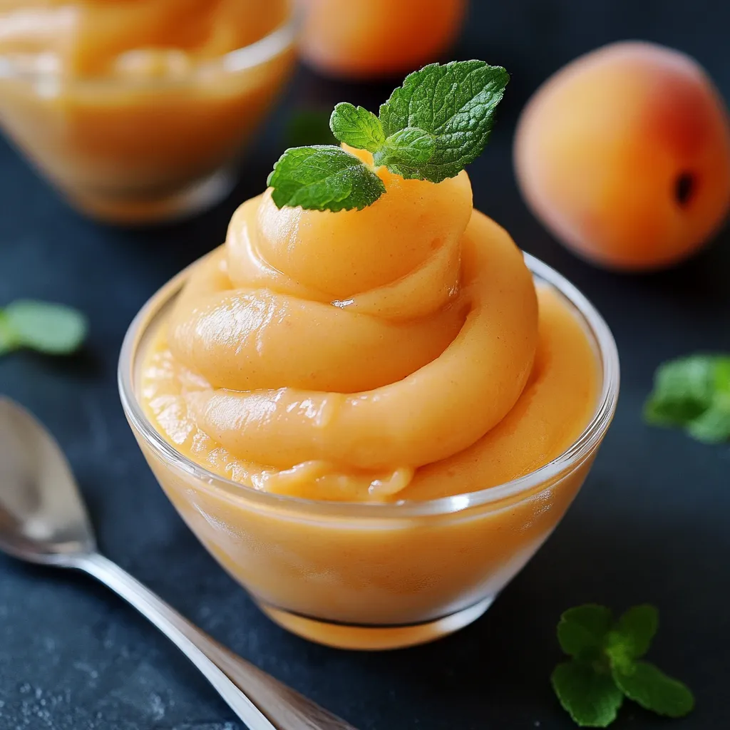 Mousse d’abricots servie en verrine, décorée de menthe et de rondelles d’abricot