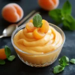 Mousse d’abricots servie en verrine, décorée de menthe et de rondelles d’abricot