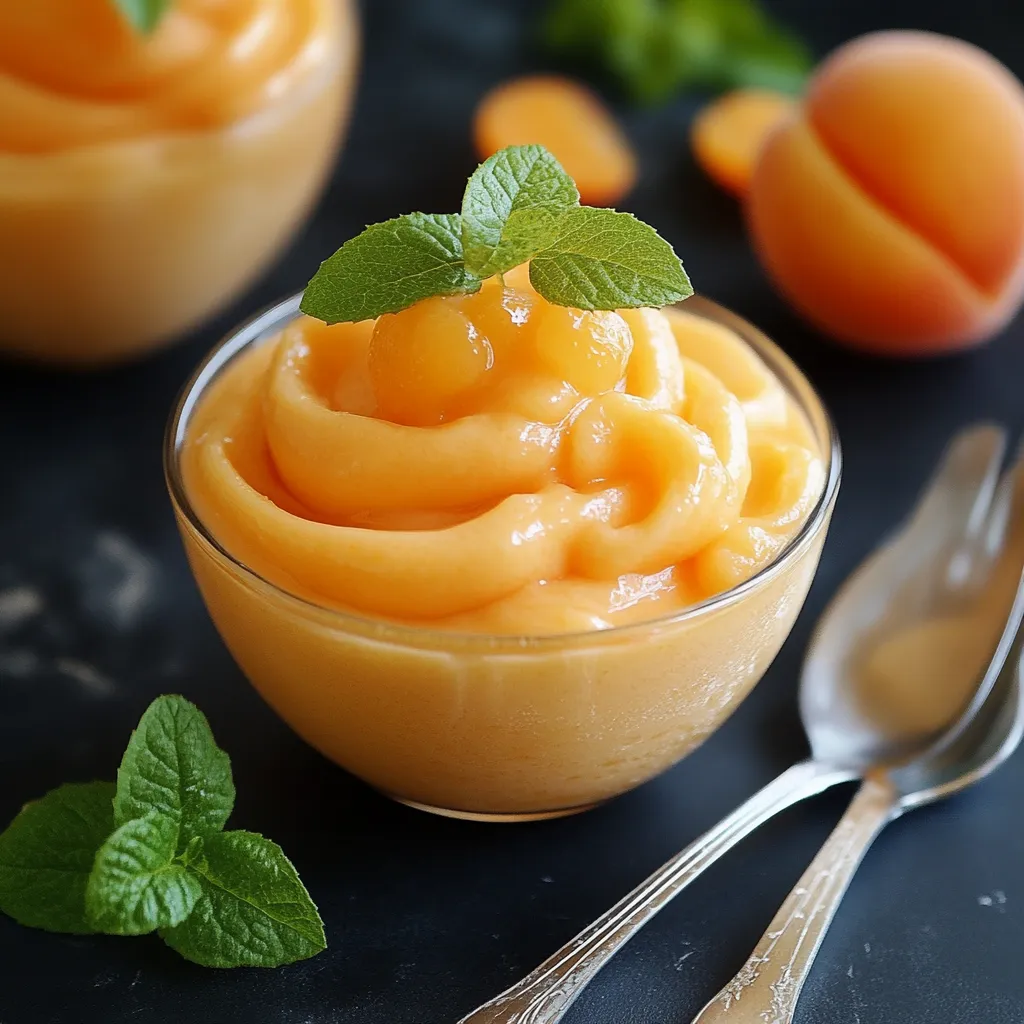 Mousse d’abricots servie en verrine, décorée de menthe et de rondelles d’abricot
