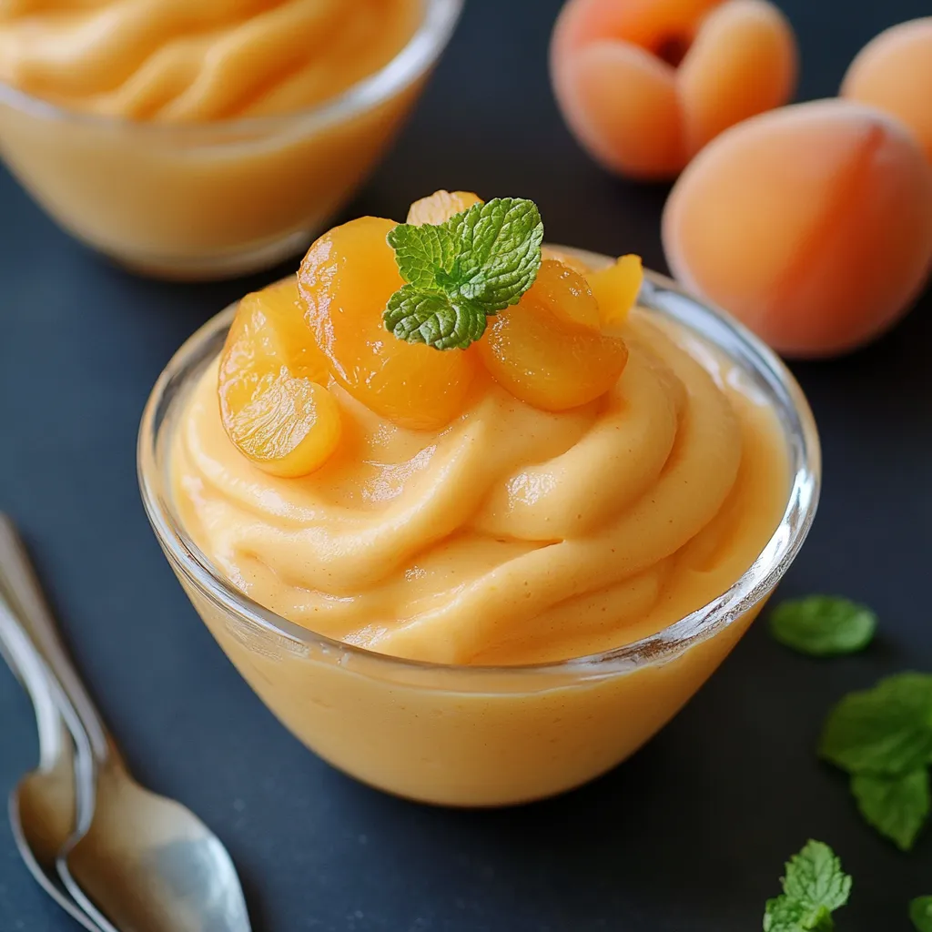 Mousse d’abricots servie en verrine, décorée de menthe et de rondelles d’abricot
