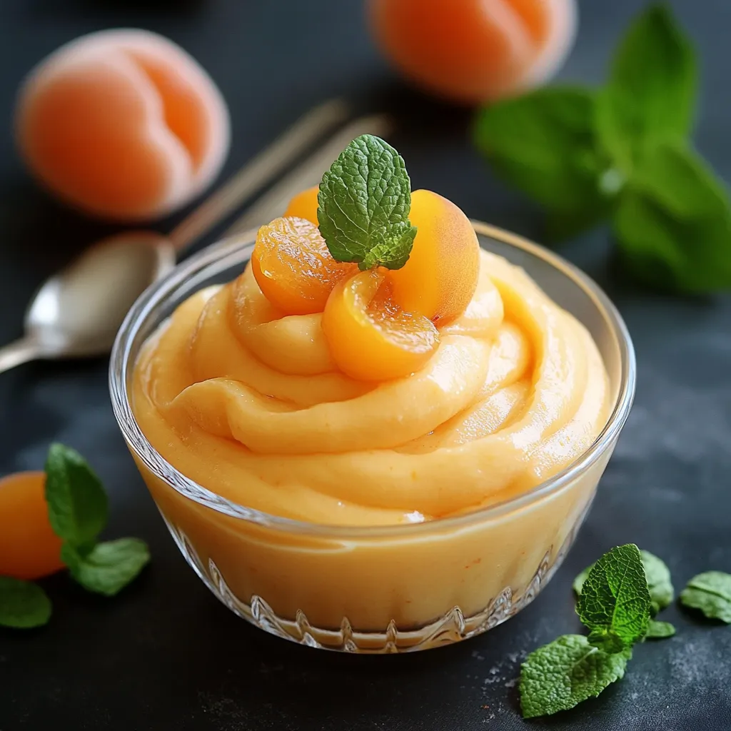 Mousse d’abricots servie en verrine, décorée de menthe et de rondelles d’abricot
