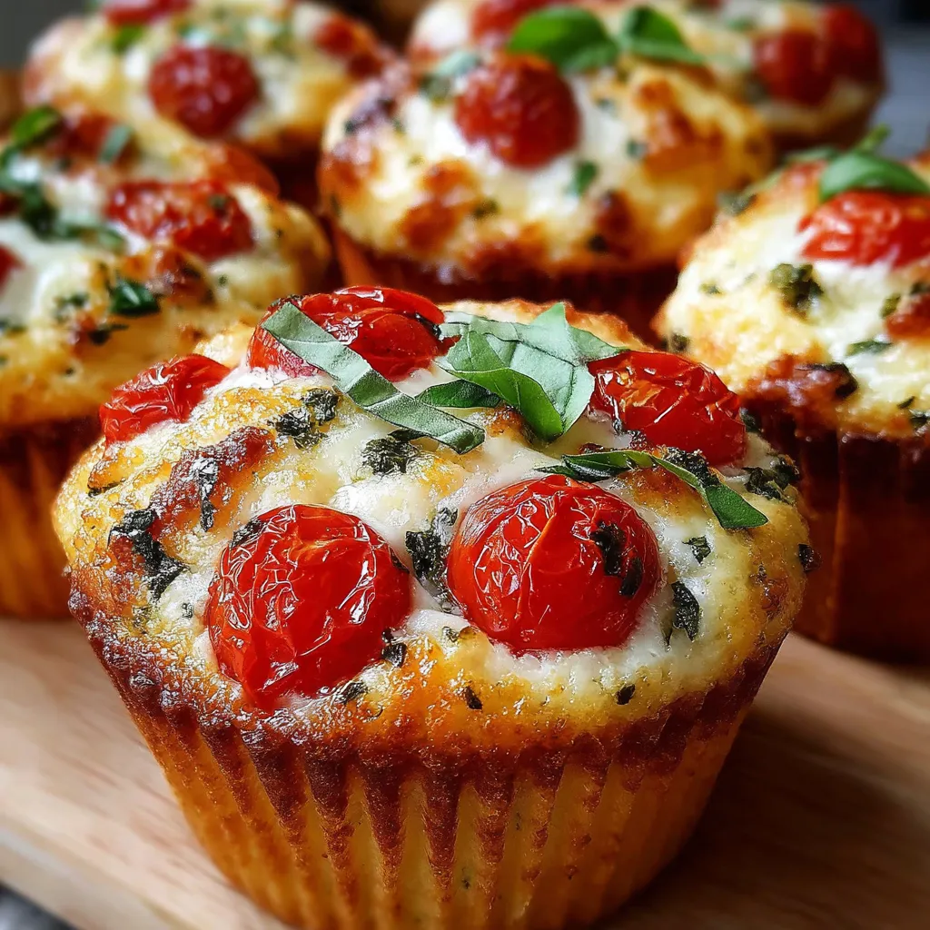 Muffins salés dorés à la tomate cerise, mozzarella fondante et basilic