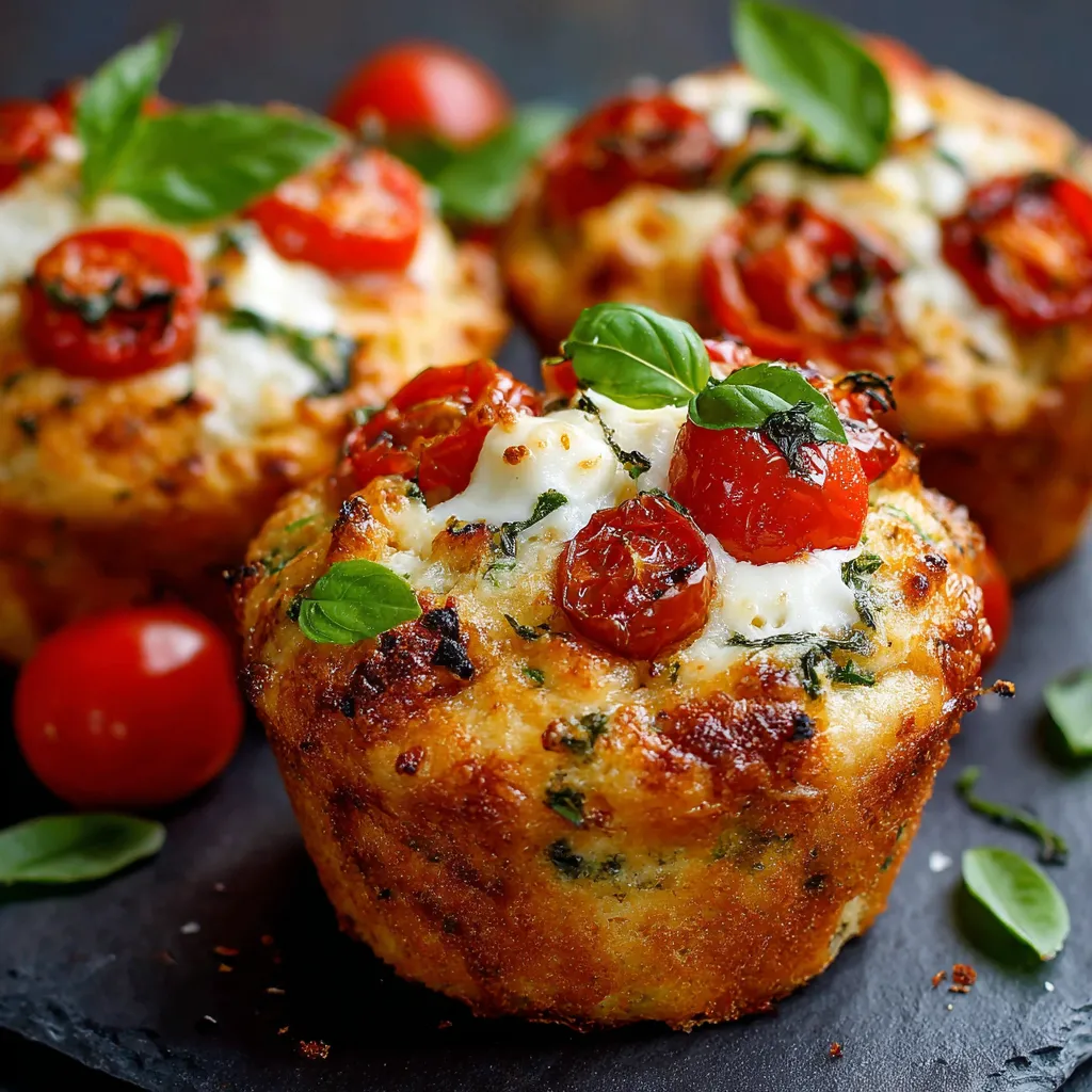 Muffins salés dorés à la tomate cerise, mozzarella fondante et basilic