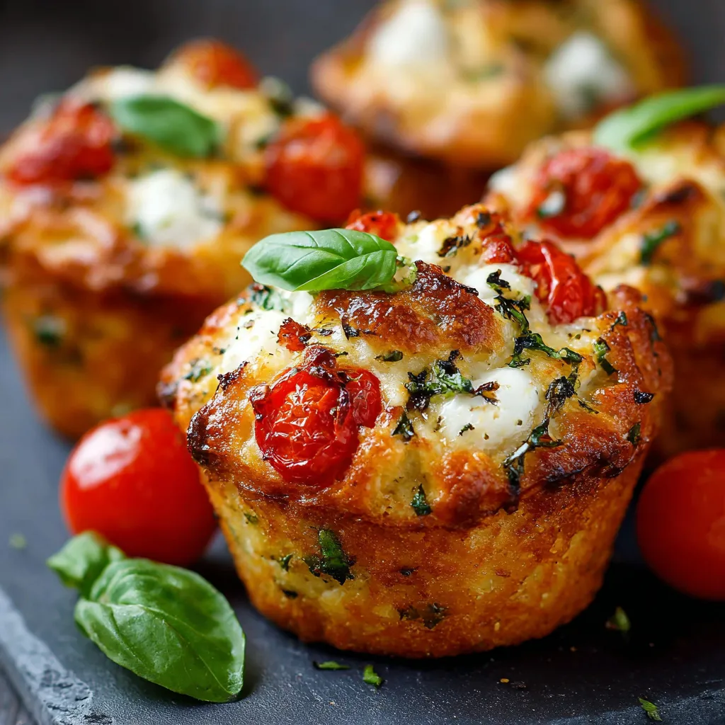 Muffins salés dorés à la tomate cerise, mozzarella fondante et basilic