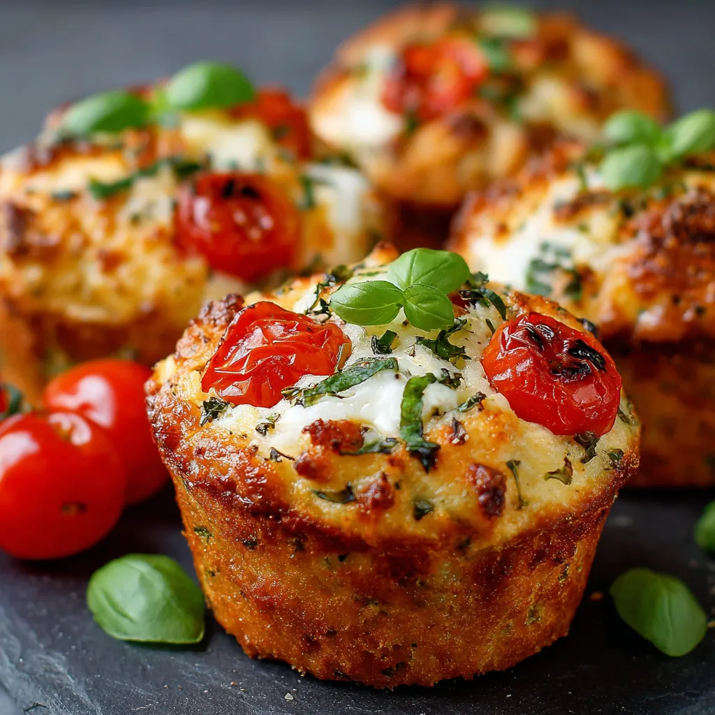Muffins salés dorés à la tomate cerise, mozzarella fondante et basilic