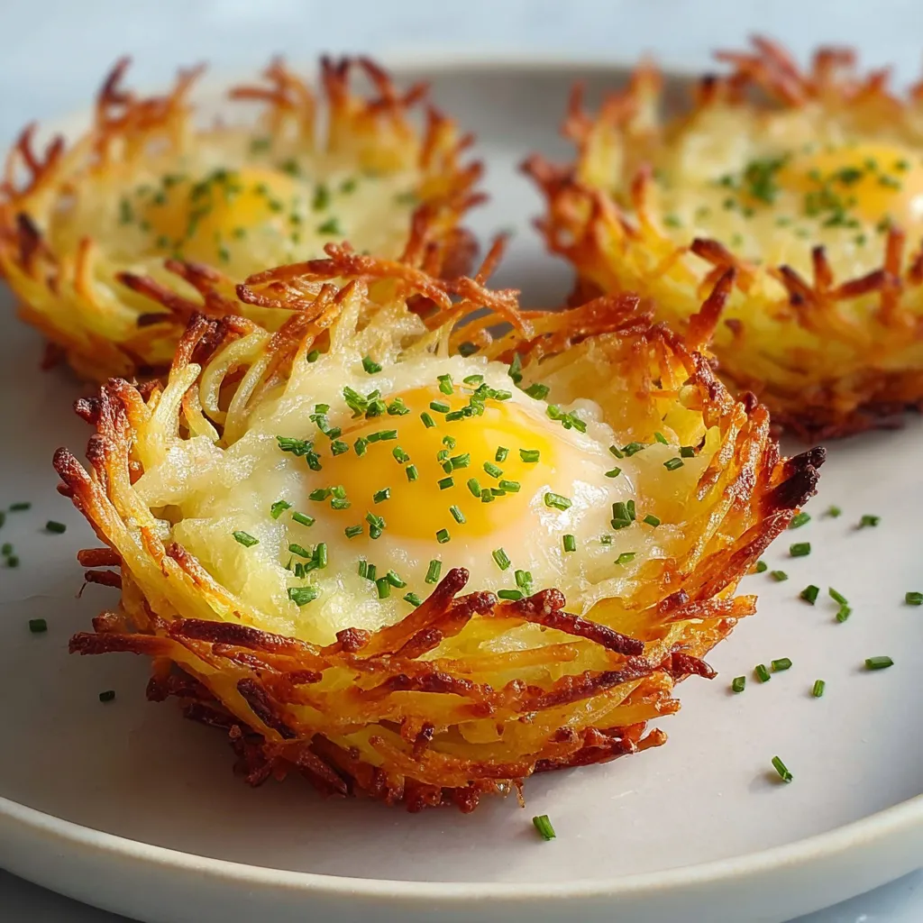 Nid de pommes de terre croustillant doré au four, servi en apéritif avec crème et herbes fraîches