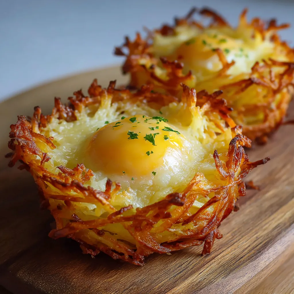 Nid de pommes de terre croustillant doré au four, servi en apéritif avec crème et herbes fraîches