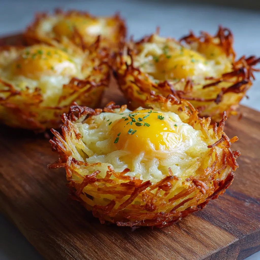 Nid de pommes de terre croustillant doré au four, servi en apéritif avec crème et herbes fraîches