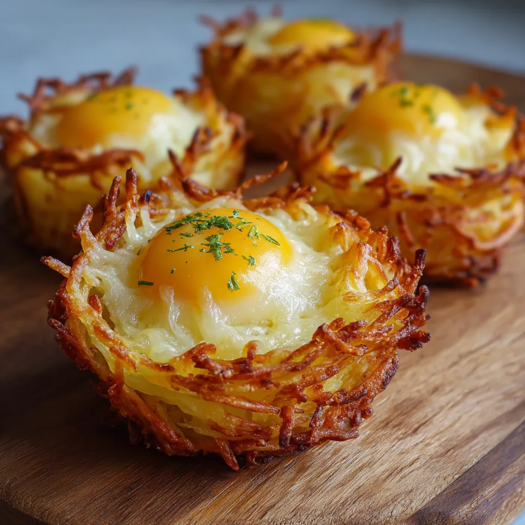 Nid de pommes de terre croustillant doré au four, servi en apéritif avec crème et herbes fraîches