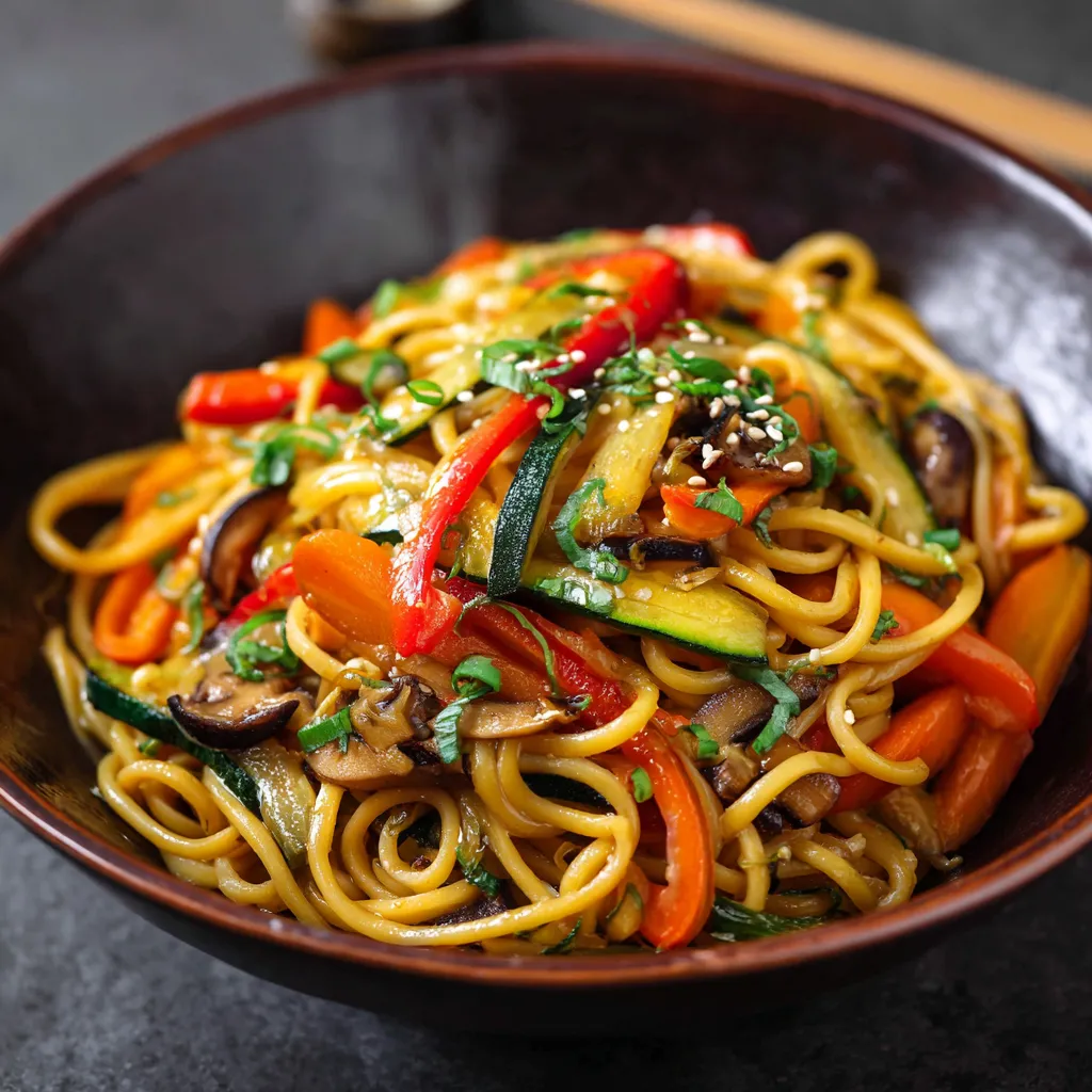 Bol de nouilles sautées aux légumes colorés dans un wok, prêt à servir