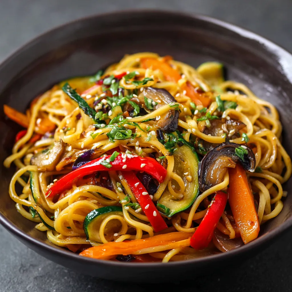 Bol de nouilles sautées aux légumes colorés dans un wok, prêt à servir