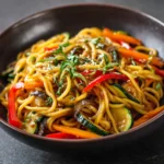 Bol de nouilles sautées aux légumes colorés dans un wok, prêt à servir