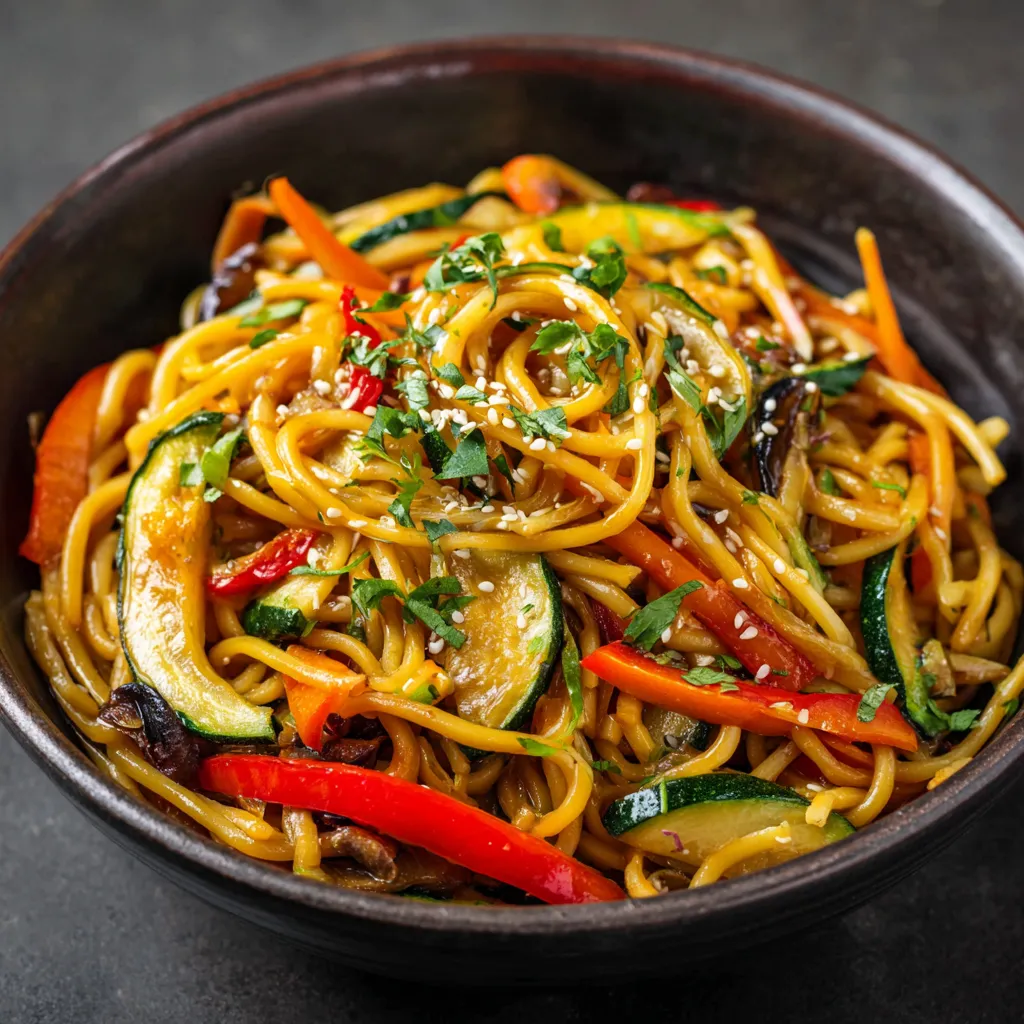 Bol de nouilles sautées aux légumes colorés dans un wok, prêt à servir