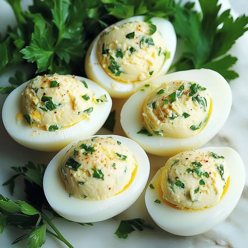 Œufs Durs à la Dijonnaise farcis à la moutarde de Dijon et échalote sur assiette blanche