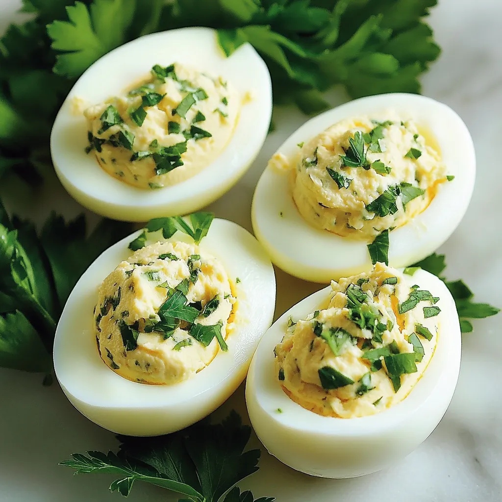 Œufs Durs à la Dijonnaise farcis à la moutarde de Dijon et échalote sur assiette blanche