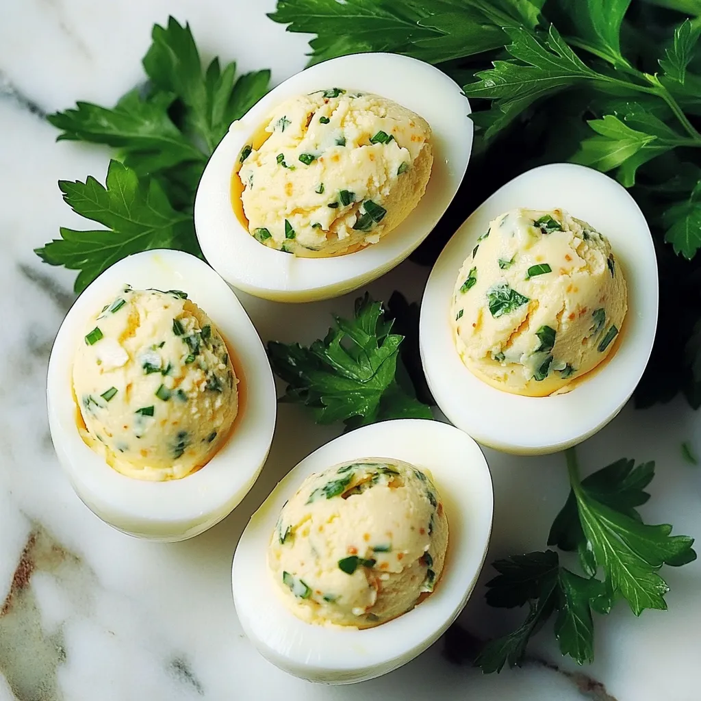Œufs Durs à la Dijonnaise farcis à la moutarde de Dijon et échalote sur assiette blanche