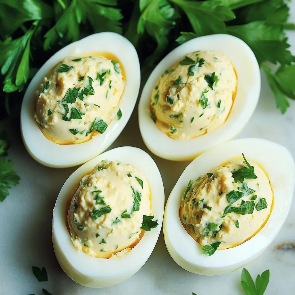 Œufs Durs à la Dijonnaise farcis à la moutarde de Dijon et échalote sur assiette blanche