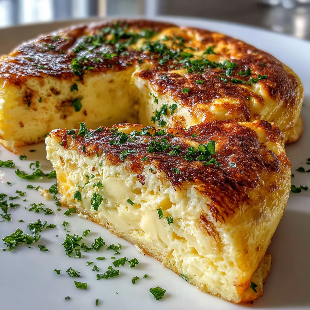 Omelette soufflée au fromage dorée et gonflée, fraîchement sortie du four dans un moule à cake.